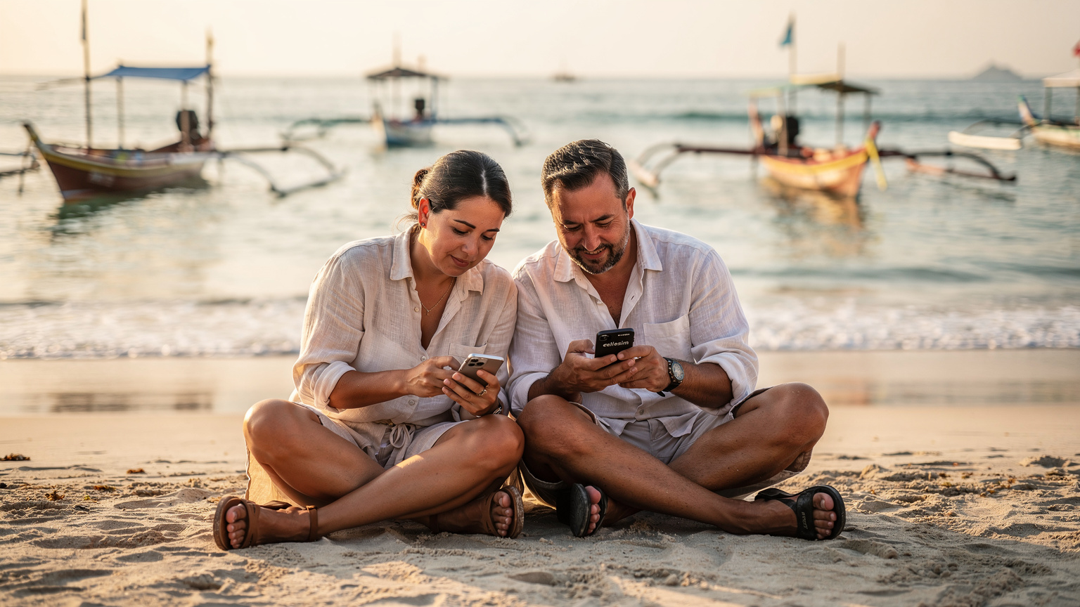 Bali'nin Sanur Plajı'nda, bir anne ve baba, telefonlarında EastESIM uygulamasını kullanarak eSIM paketlerini kontrol ediyor, arka planda geleneksel balıkçı tekneleri ve berrak deniz var.