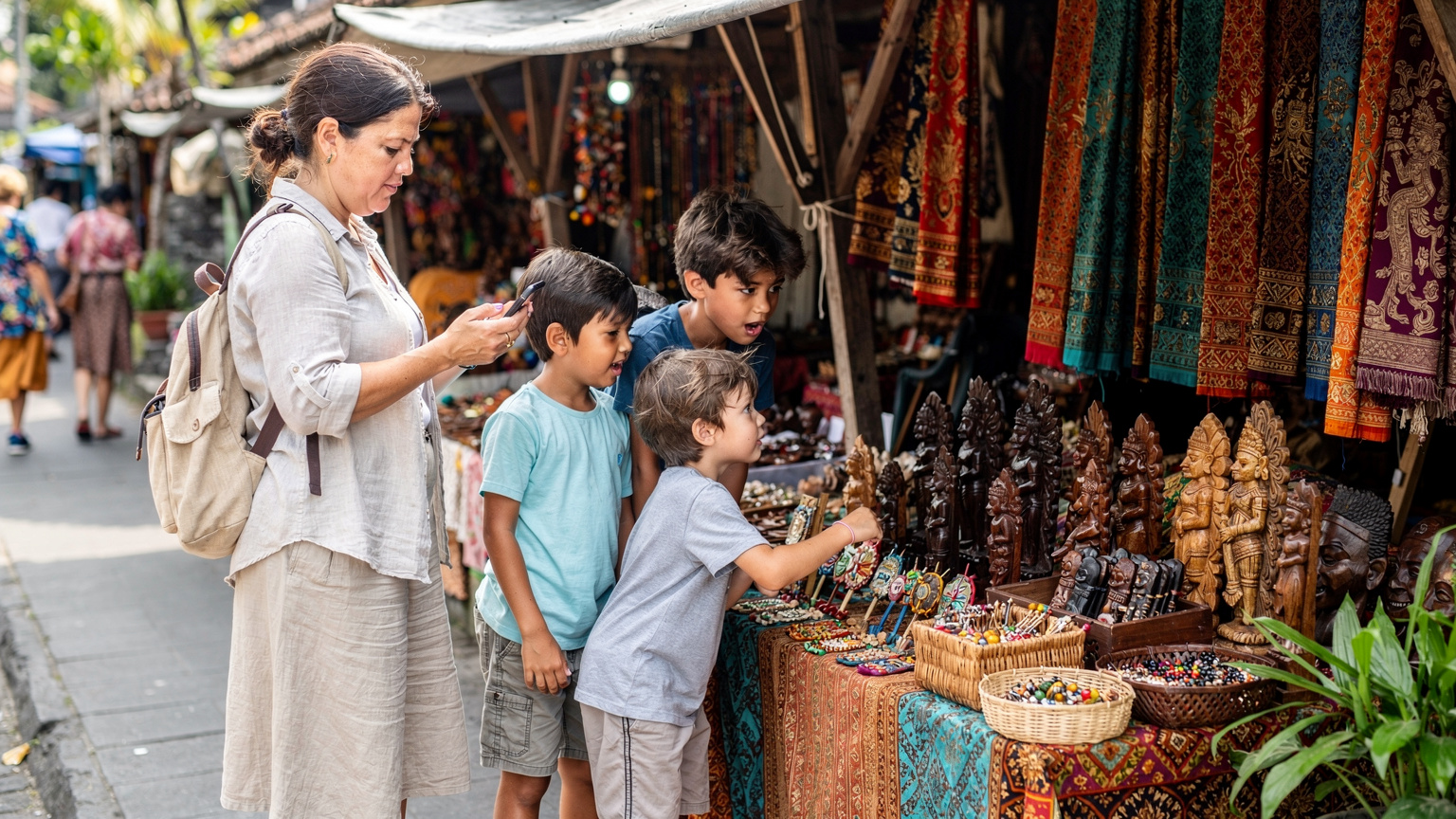 Ubud'un hareketli sokaklarında, geleneksel bir pazarın önünde bir anne, telefonundan harita kontrol ederken çocukları etrafındaki el yapımı ürünlere bakıyor.