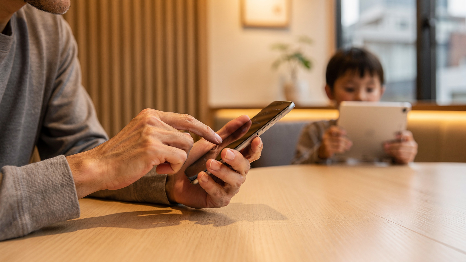 Eine Nahaufnahme zeigt die Hände eines Vaters, der auf einem Smartphone eine eSIM-App bedient, während im Hintergrund ein Kind konzentriert auf einem Tablet spielt.