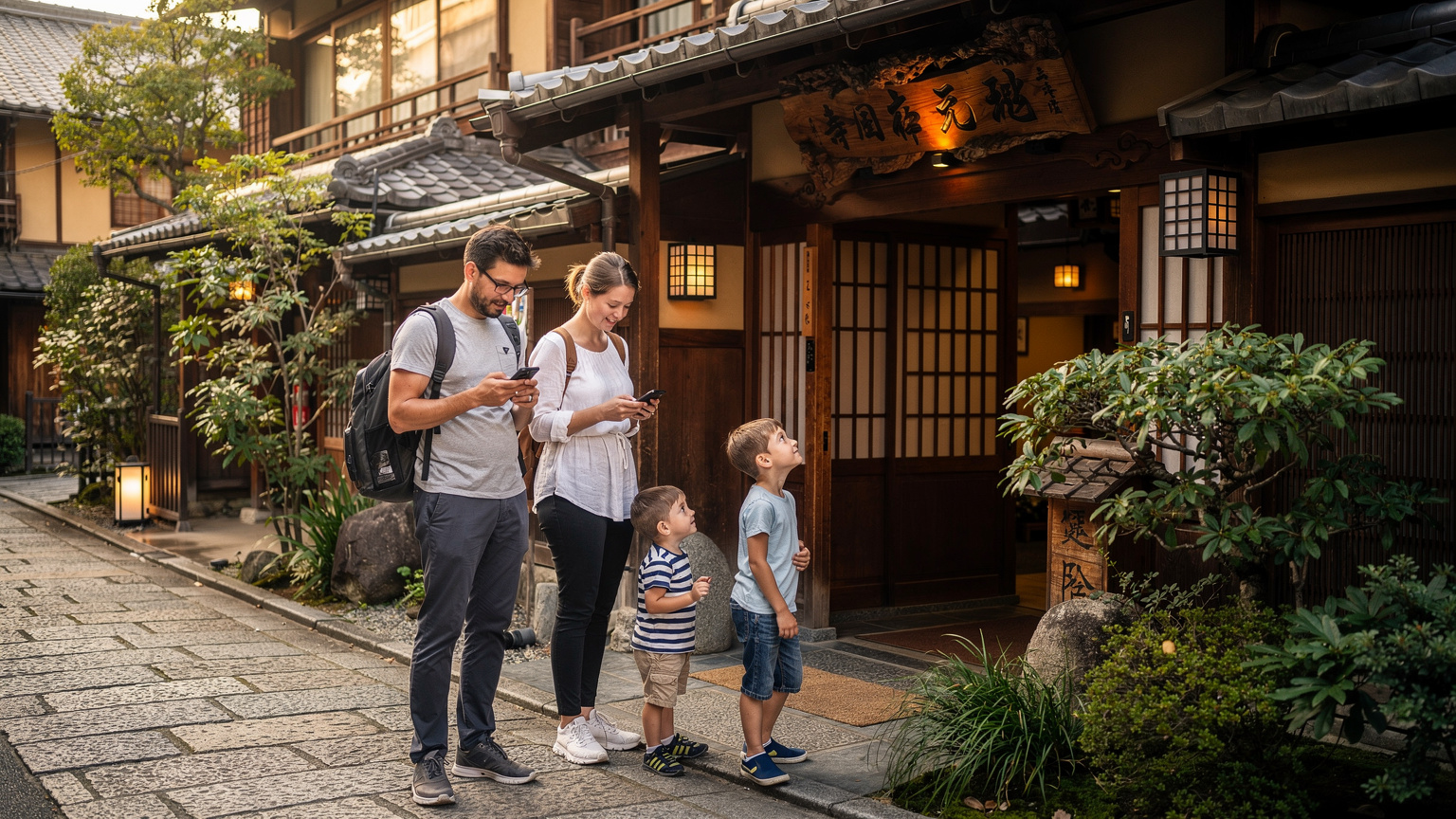 Eine junge Familie steht vor einem traditionellen japanischen Ryokan, die Eltern überprüfen ihre Handys, während die Kinder neugierig das Eingangsschild betrachten.