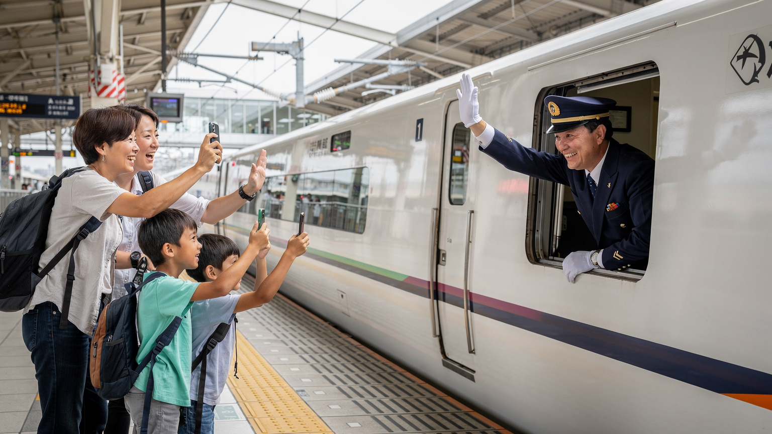 Ein japanischer Zugführer winkt lächelnd aus dem Fenster eines Shinkansen, während eine Familie am Bahnsteig mit ihren Handys Fotos macht.