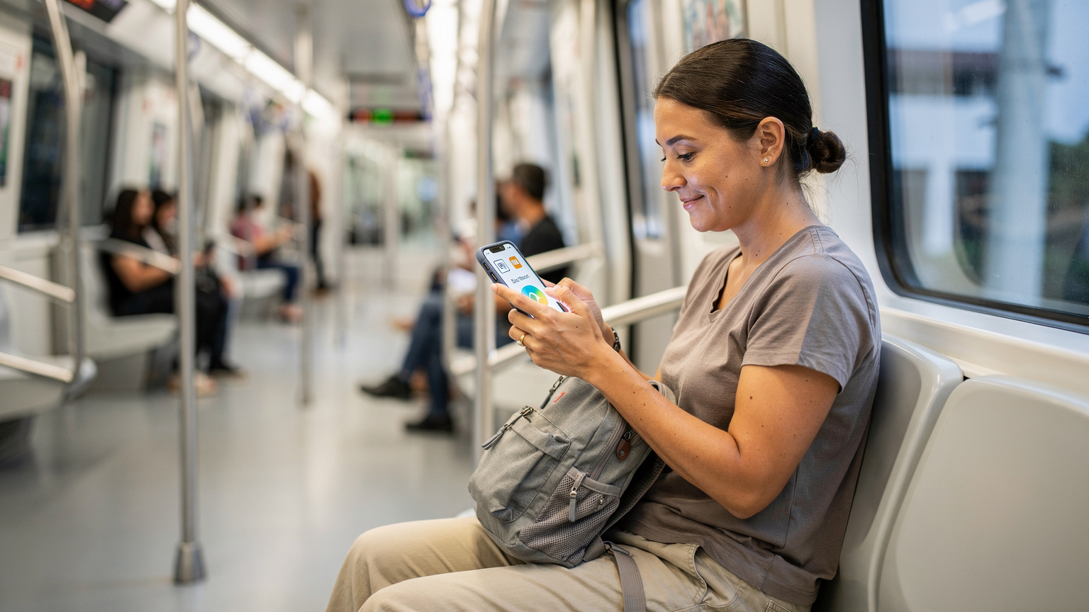 A traveler smoothly activating an eSIM on their smartphone while seated comfortably on the MRT in Singapore, enjoying the convenience of instant connectivity.