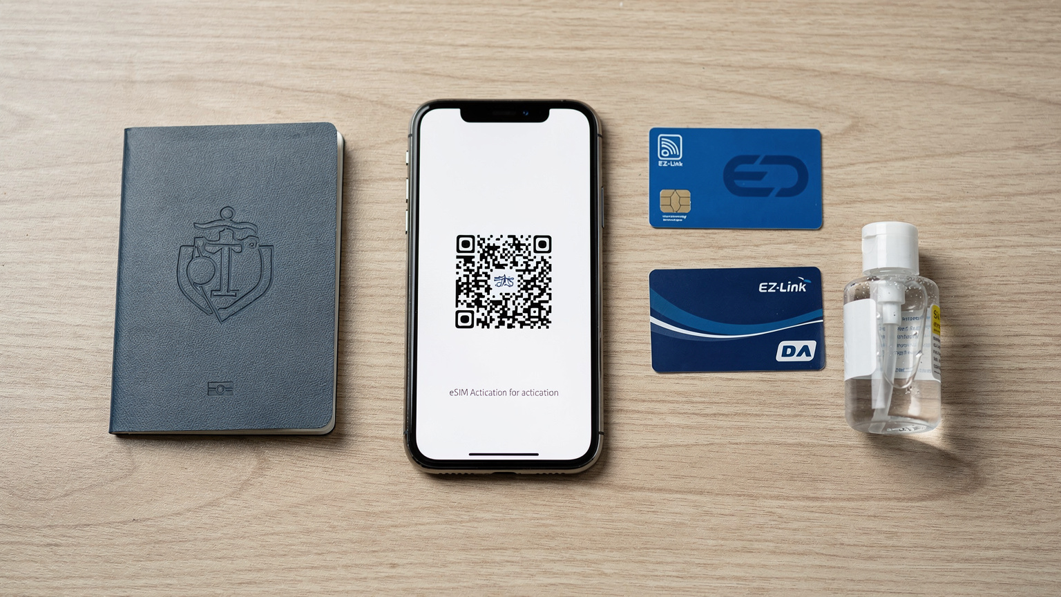 An overhead flat-lay shot of essential travel items for Singapore: a smartphone with an eSIM QR code visible, a passport, a local transit card (EZ-Link), and a small bottle of hand sanitizer, all neatly arranged on a modern desk.