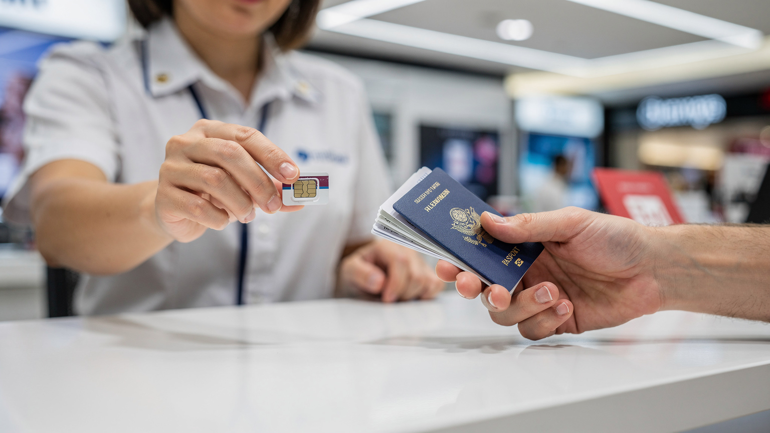 A close-up shot of hands exchanging a physical SIM card and passport at a busy telecom store counter in a Singaporean shopping mall, highlighting the process of local SIM card activation.