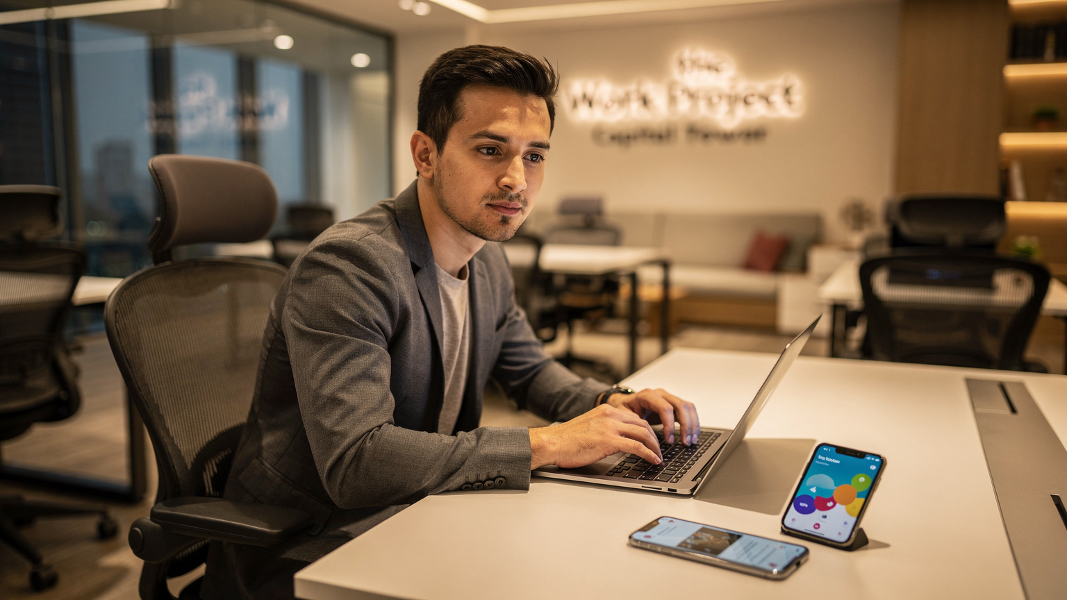 A digital nomad intently working on a laptop at a sleek co-working space in Singapore, with a smartphone displaying a travel app next to them, emphasizing connectivity for work and travel.