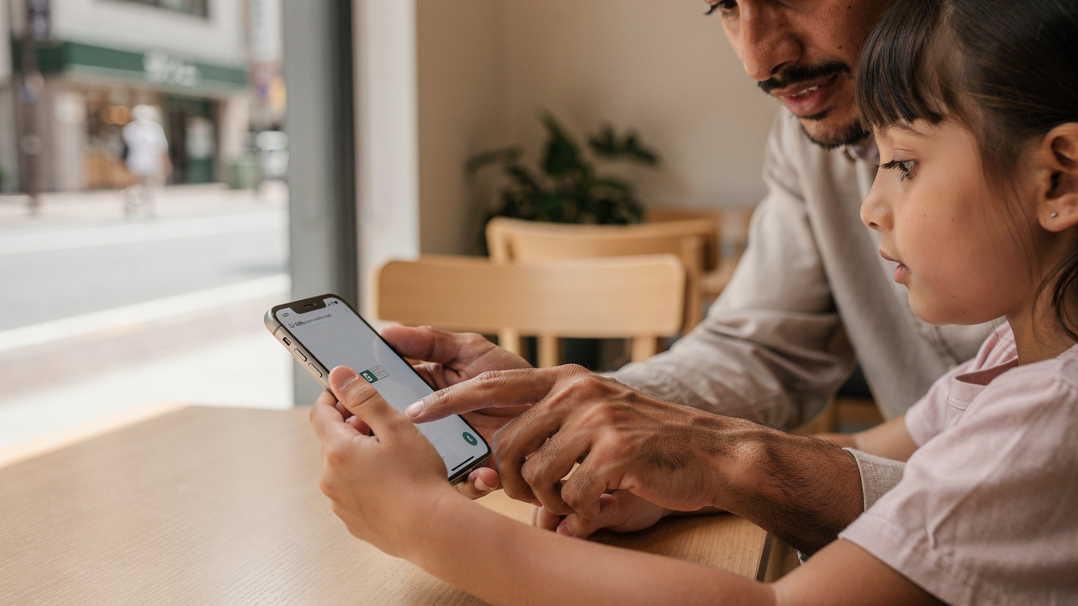 أب عربي يساعد ابنته على تفعيل خدمة eSIM على هاتف آيفون 18 داخل مقهى هادئ في حي شيبويا، طوكيو، مع إضاءة طبيعية دافئة تدخل من نافذة كبيرة.