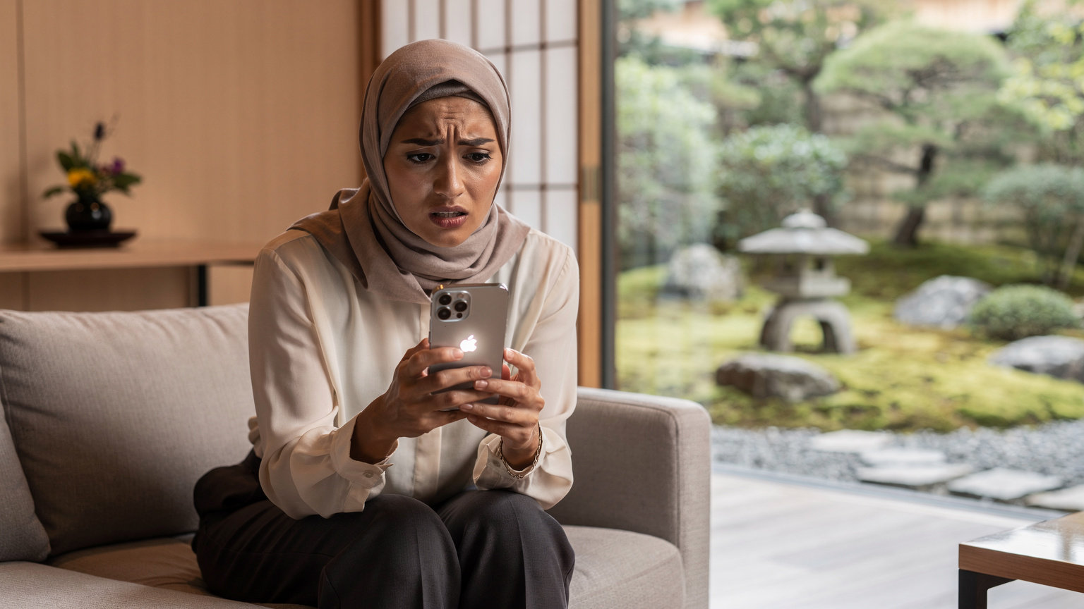 أم عربية تنظر بقلق إلى فاتورة هاتفها على جهاز آيفون 18 في ردهة فندق أنيقة في كيوتو، اليابان، مع خلفية للحديقة اليابانية التقليدية، تعكس شعوراً بالقلق بشأن تكاليف التجوال.