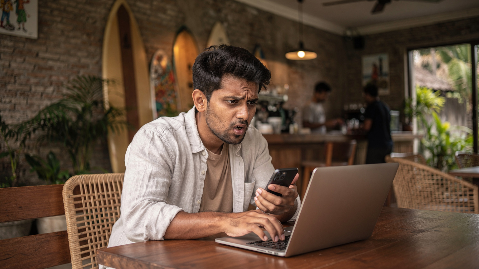 एक डिजिटल नोमैड अपने लैपटॉप पर काम कर रहा है और बाली के चांगू में एक कैफे में वाई-फाई कनेक्टिविटी समस्याओं के कारण परेशान दिख रहा है, जो इंटरनेट पर निर्भरता को दर्शाता है।