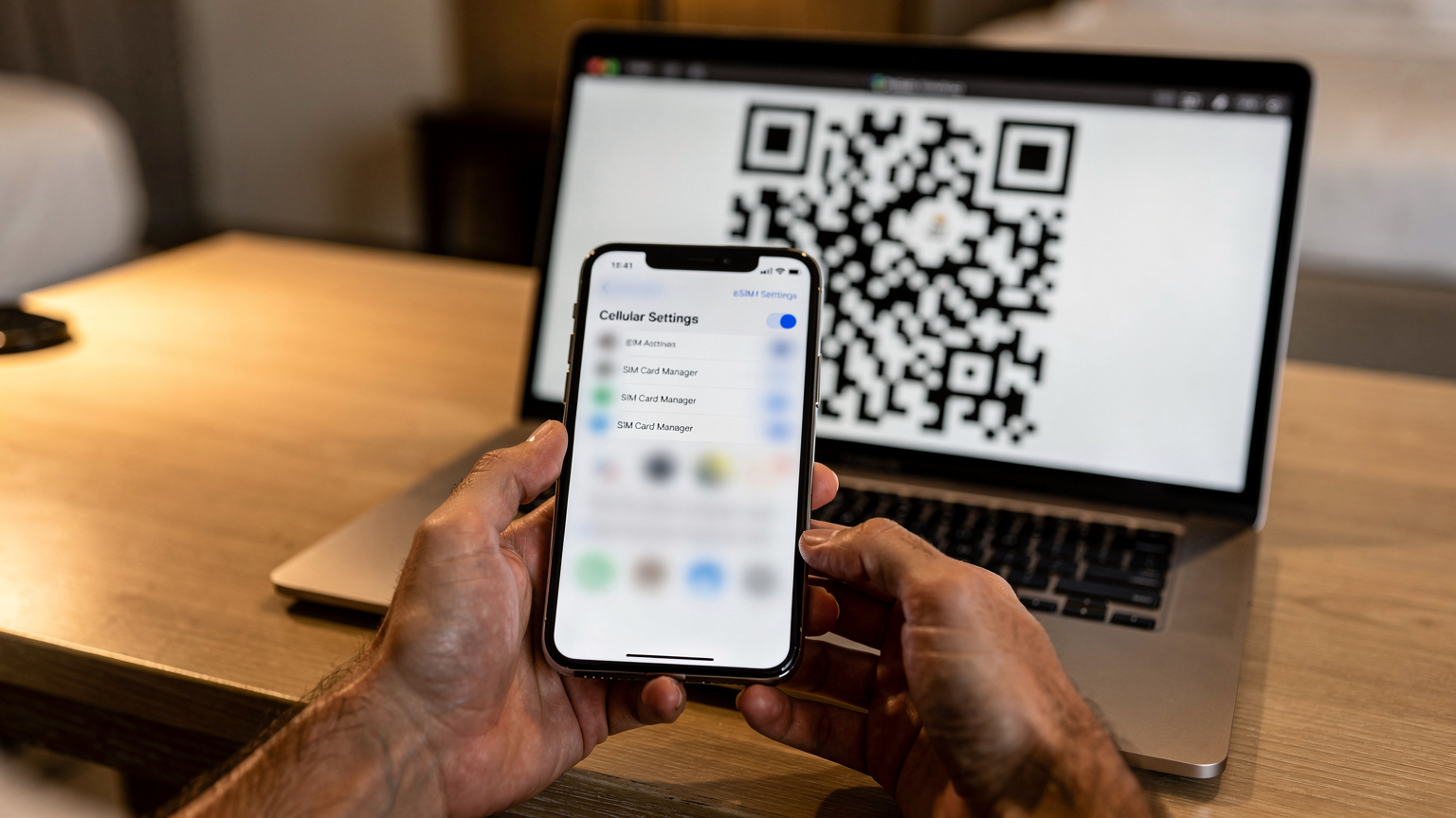 Крупный план рук, держащих смартфон с открытыми настройками eSIM, на заднем плане сфокусированный экран ноутбука с QR-кодом для активации eSIM.