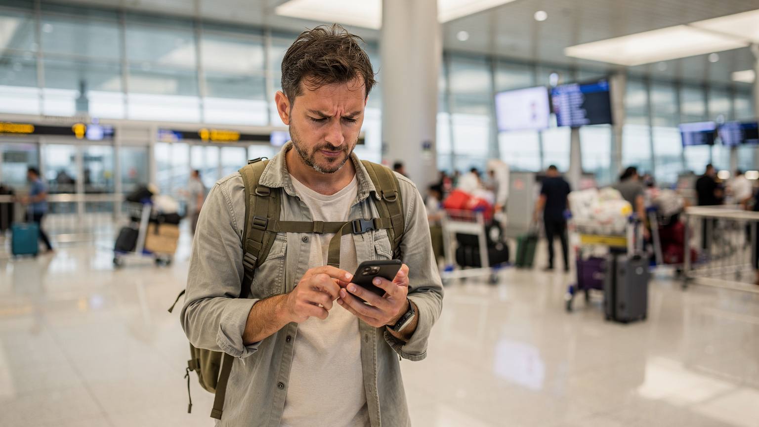 A traveler looks frustrated at their smartphone screen showing a 'no service' icon, standing at a bustling airport arrivals hall in Bangkok, surrounded by other travelers.