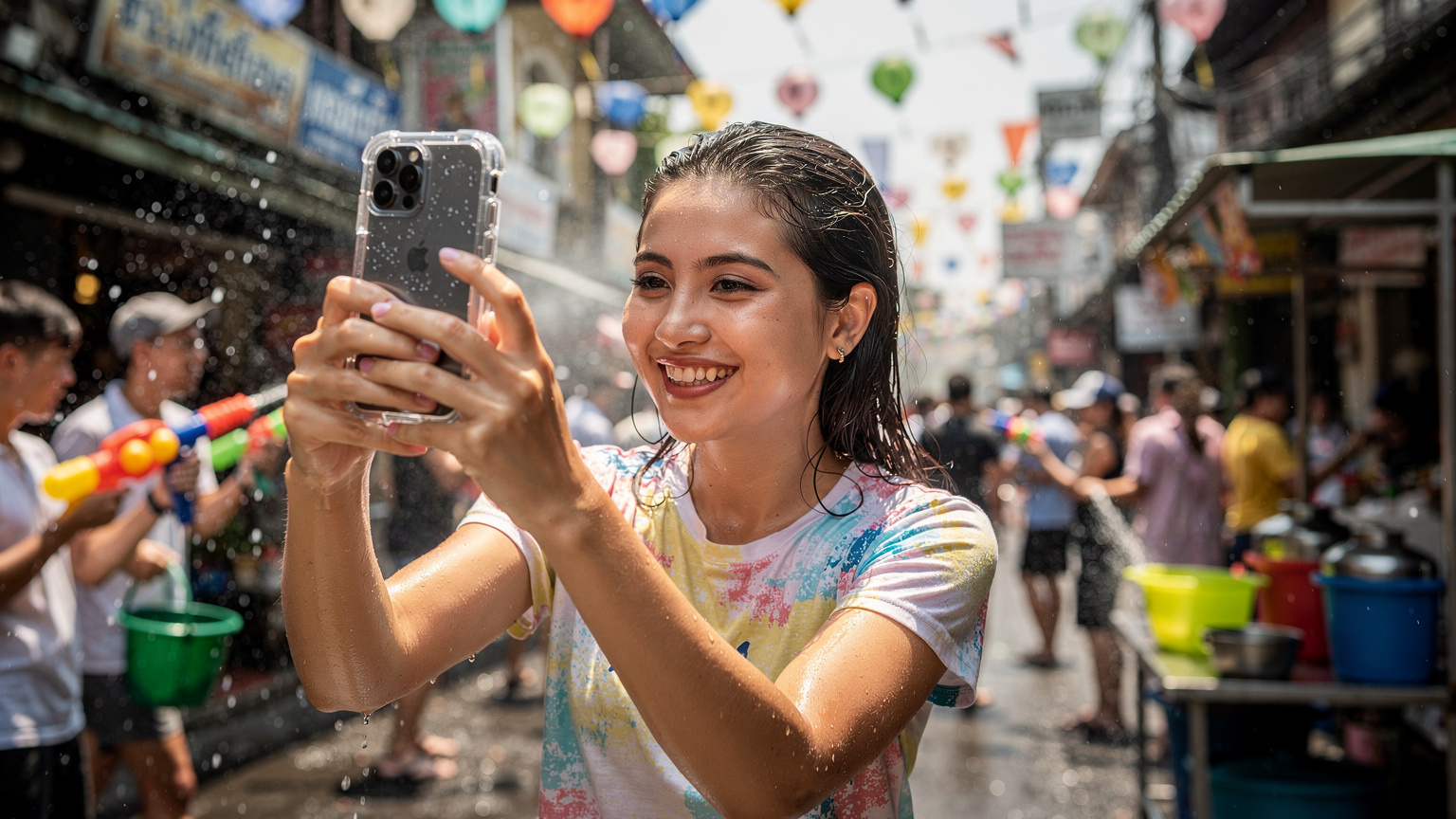 A young woman smiling brightly, holding her waterproofed phone, recording a lively street scene during Songkran, with people splashing water in the background.