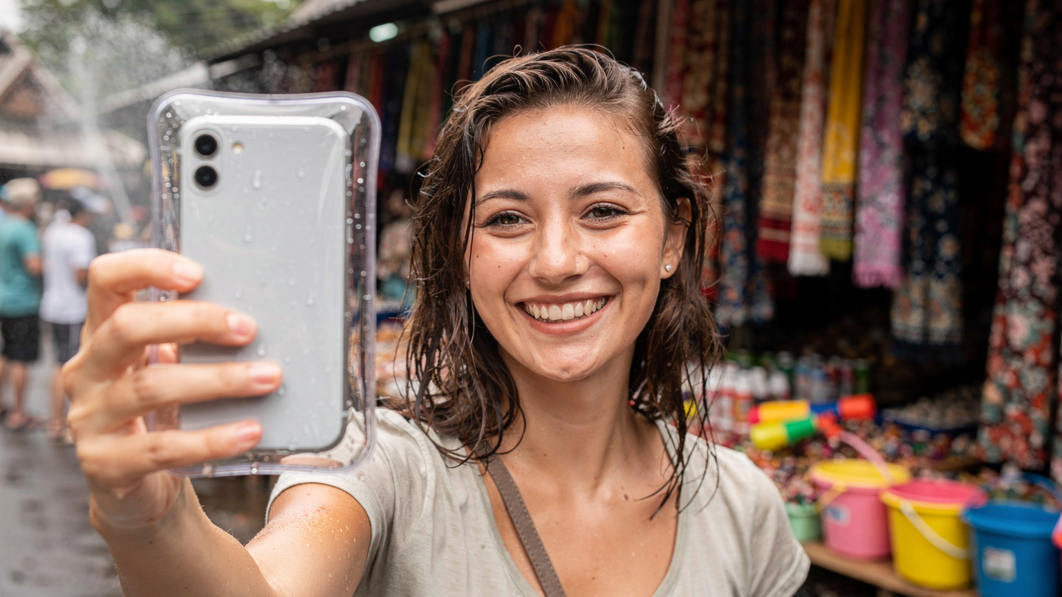 A smiling tourist holds up a waterproof phone pouch, ready to join the Songkran water festivities, with a blurred background of a street market.