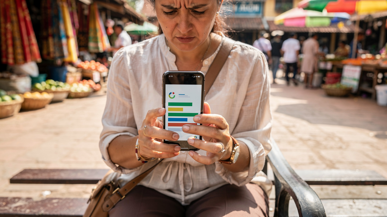 Bir annenin elinde akıllı telefon, ekranında EastESIM uygulamasında veri kullanımını ve kalan bakiyeyi kontrol ediyor, hafifçe endişeli bir ifadeyle.