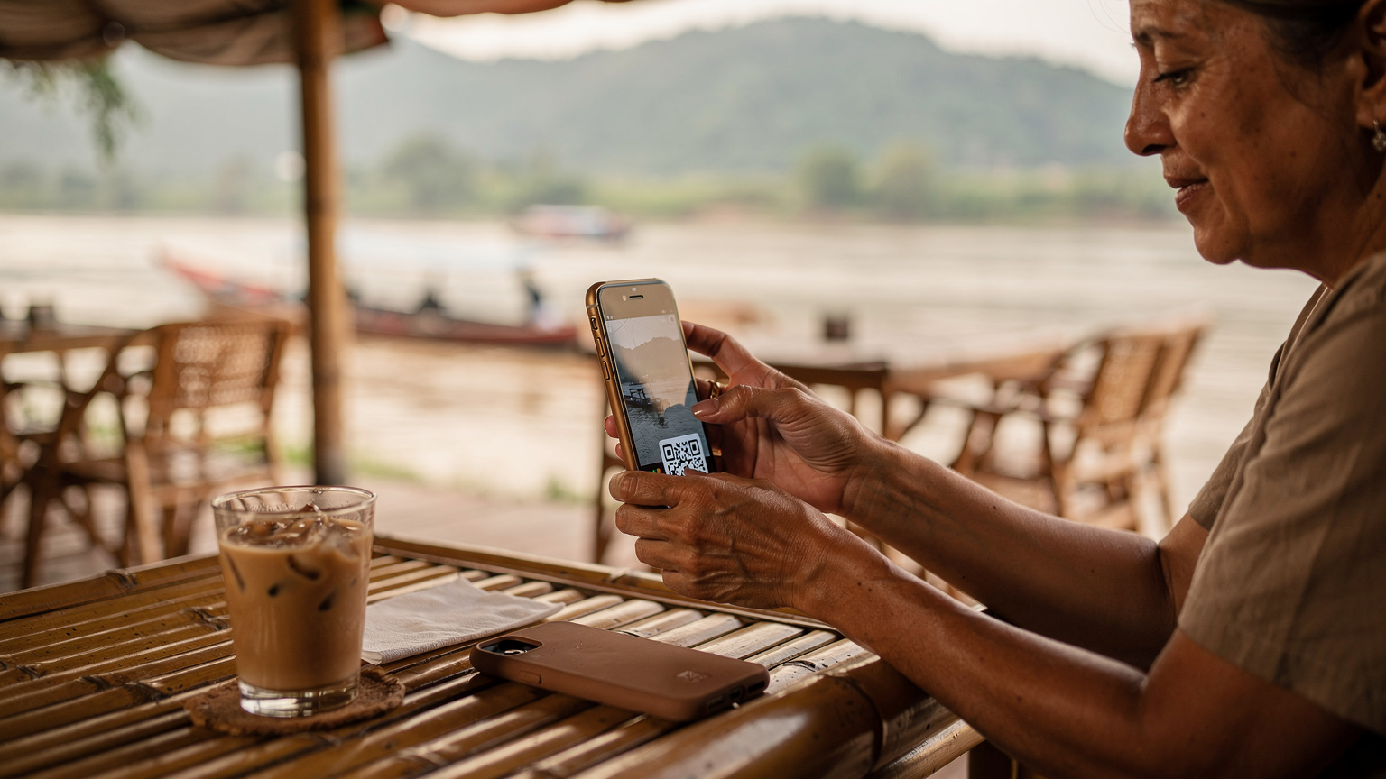 Laos'un Luang Prabang şehrinde, Mekong Nehri kıyısındaki bir restoranda, bir yetişkin akıllı telefonunda eSIM kurulumu için QR kodu tarıyor.