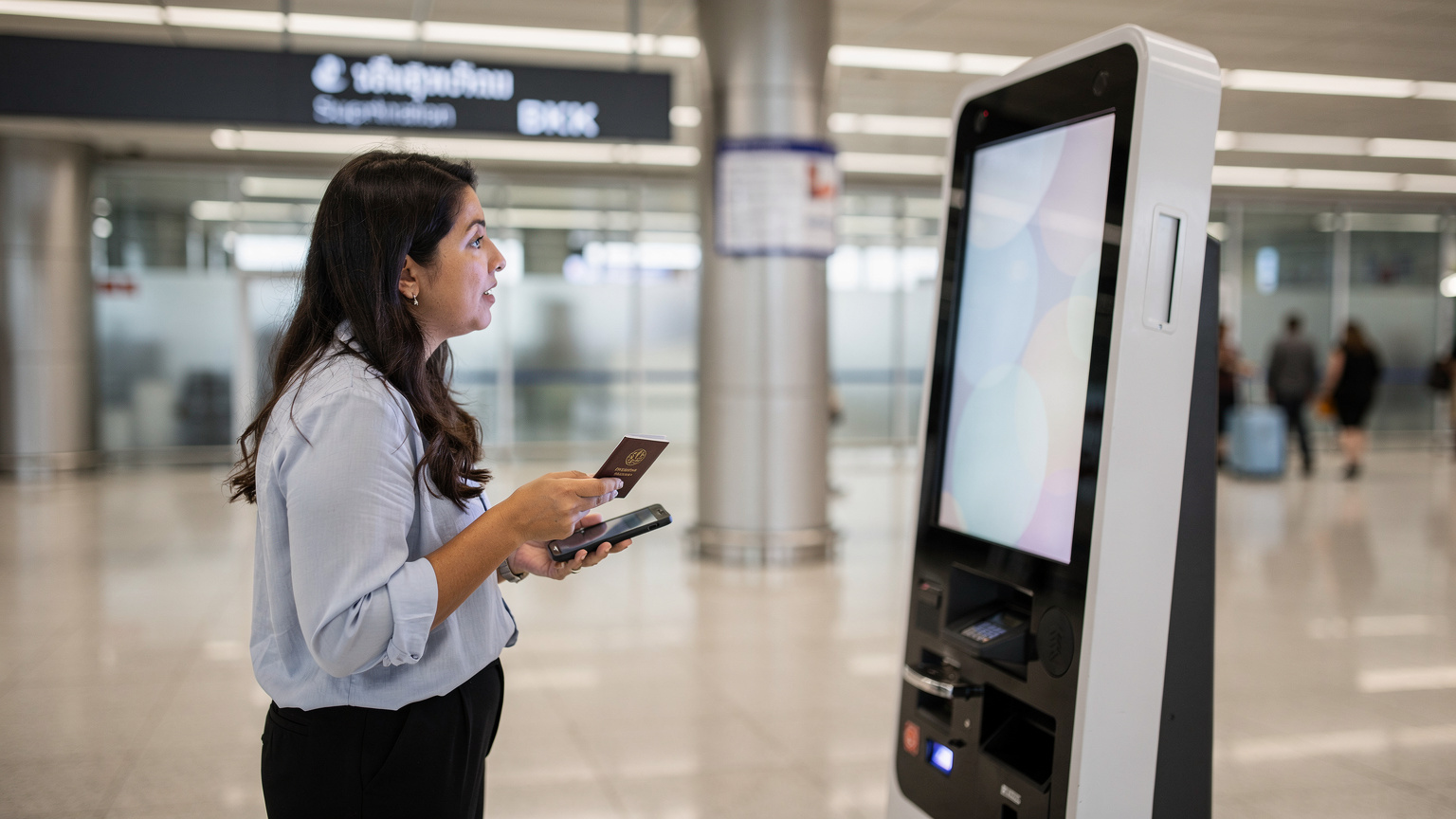 Suvarnabhumi Havalimanı'nda (BKK) bir gezgin, pasaportunu ve telefonunu gösteren bir self-servis kiosk önünde duruyor, muhtemelen eSIM aktivasyonu için bekliyor.
