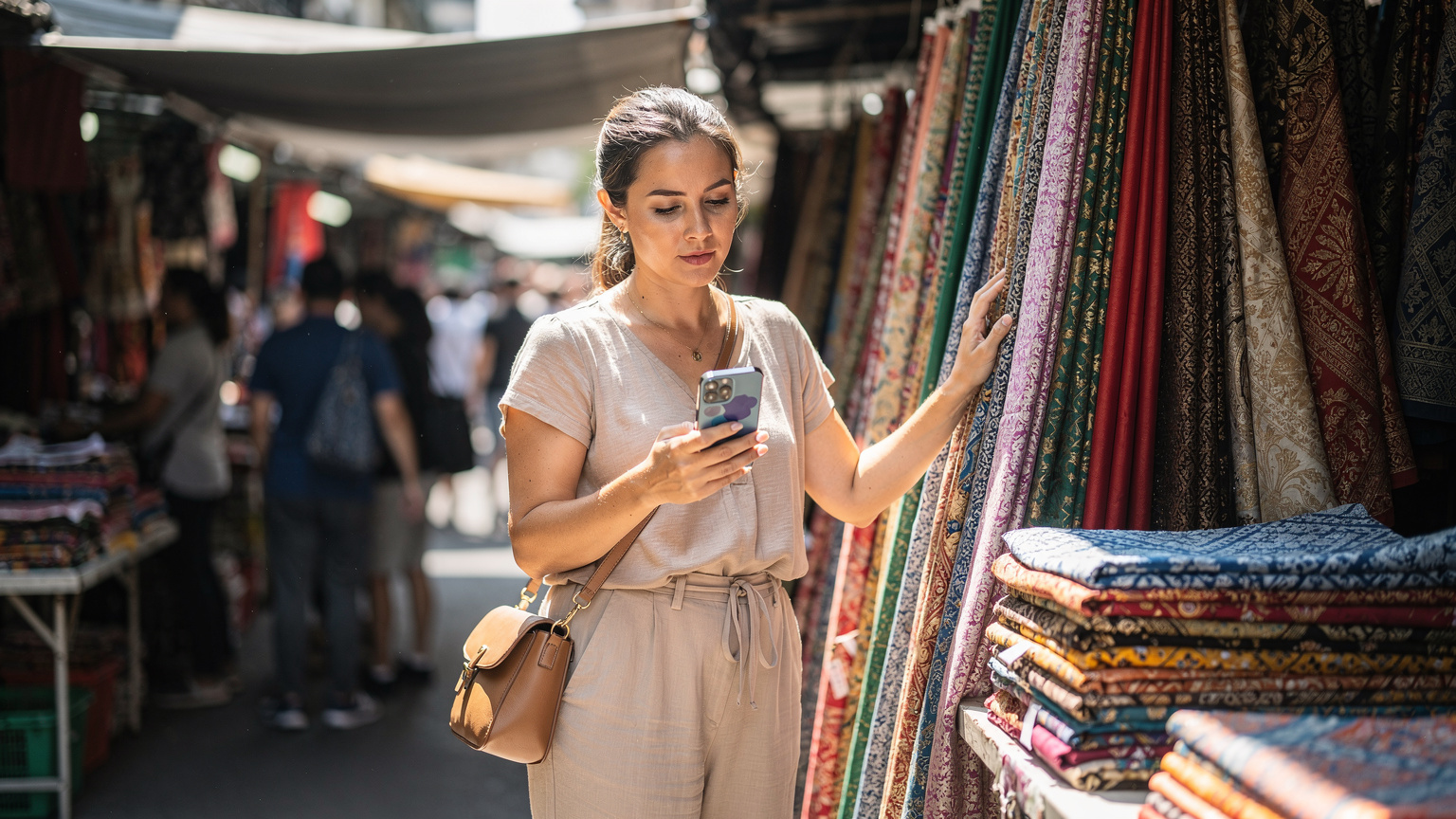 Bir gezgin, Bangkok'taki hareketli Pratunam pazarında bir sokak satıcısından alışveriş yaparken telefonundaki eSIM uygulamasını kontrol ediyor.