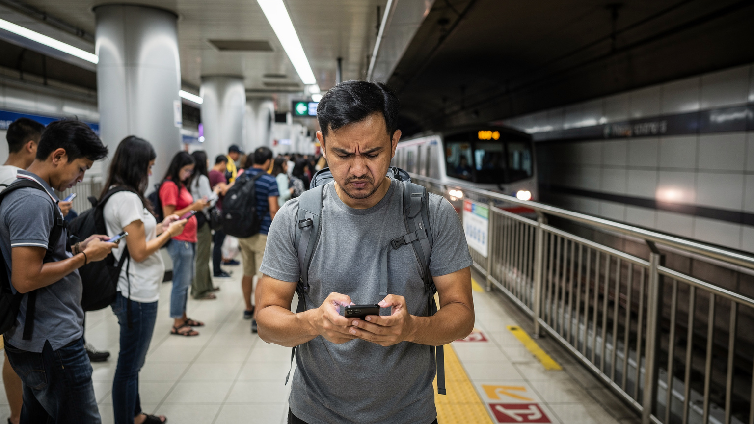 Bir gezgin, Bangkok'un yoğun metro istasyonlarından birinde, elinde telefonuyla harita uygulamasına bakarken hafifçe kaşlarını çatmış, bağlantı sorununu çözmeye çalışıyor.